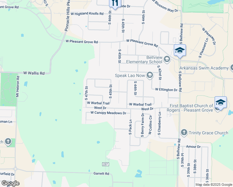 map of restaurants, bars, coffee shops, grocery stores, and more near 5500 South 45th Court in Rogers