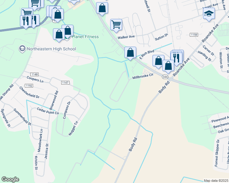 map of restaurants, bars, coffee shops, grocery stores, and more near 609 Millbrooke Circle in Elizabeth City
