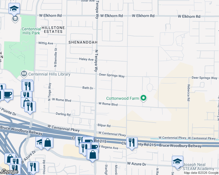 map of restaurants, bars, coffee shops, grocery stores, and more near 7112 Bath Drive in Las Vegas