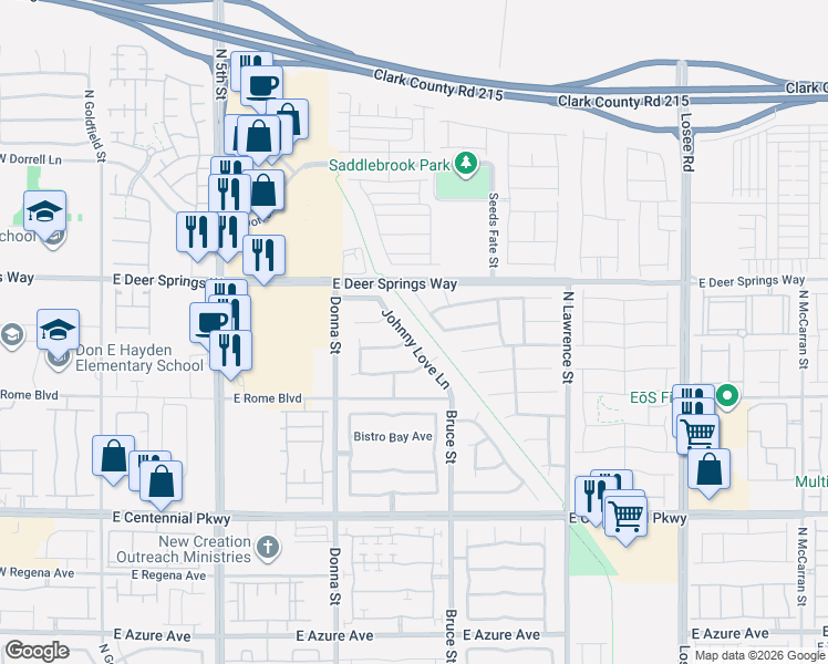 map of restaurants, bars, coffee shops, grocery stores, and more near 6653 Johnny Love Lane in North Las Vegas