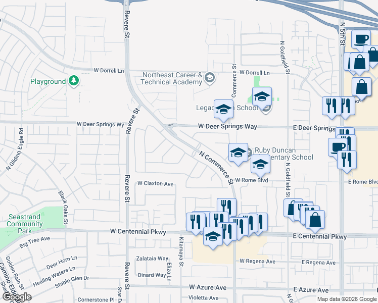 map of restaurants, bars, coffee shops, grocery stores, and more near 6702 Cinnabar Coast Lane in North Las Vegas