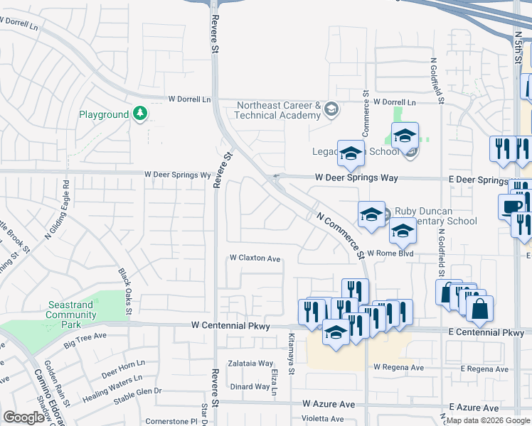 map of restaurants, bars, coffee shops, grocery stores, and more near 629 Painted Opus Place in North Las Vegas