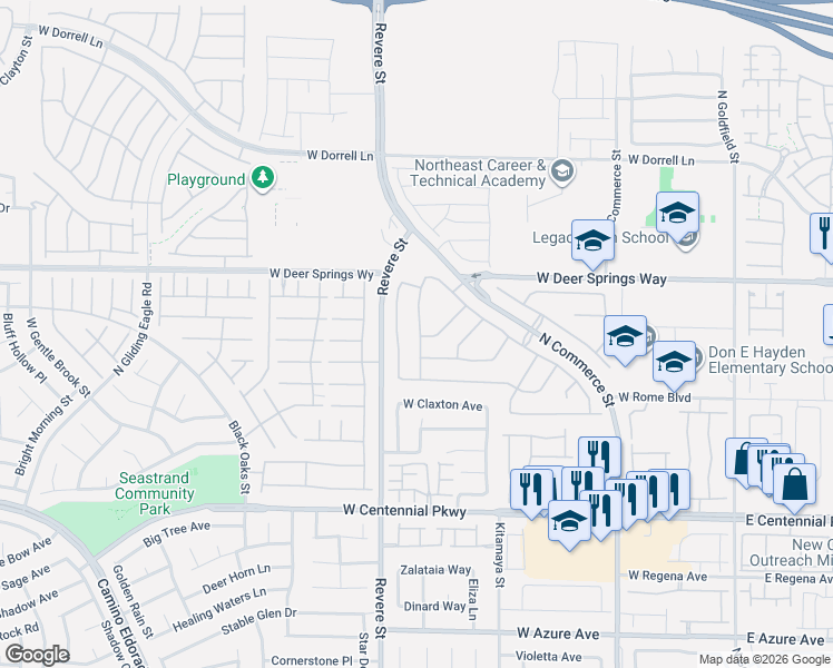 map of restaurants, bars, coffee shops, grocery stores, and more near 6653 Maple Mesa Street in North Las Vegas