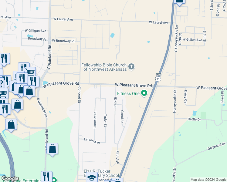 map of restaurants, bars, coffee shops, grocery stores, and more near 1616 Park Street in Lowell