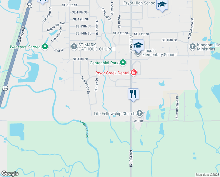 map of restaurants, bars, coffee shops, grocery stores, and more near 532 Ridgewood Drive in Pryor