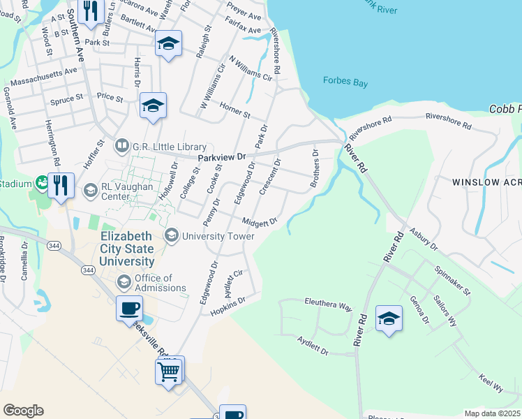 map of restaurants, bars, coffee shops, grocery stores, and more near 1510 Crescent Drive in Elizabeth City