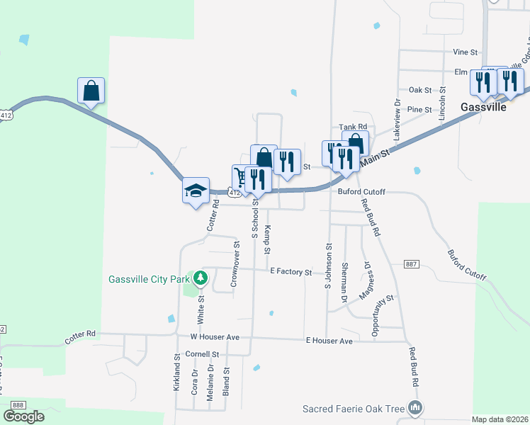 map of restaurants, bars, coffee shops, grocery stores, and more near 137 East Sanford Street in Gassville