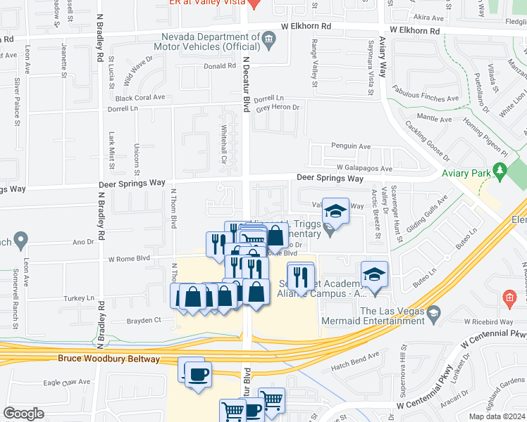 map of restaurants, bars, coffee shops, grocery stores, and more near 6725 Abruzzi Drive in North Las Vegas