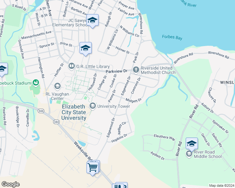 map of restaurants, bars, coffee shops, grocery stores, and more near 1408 Midgett Drive in Elizabeth City