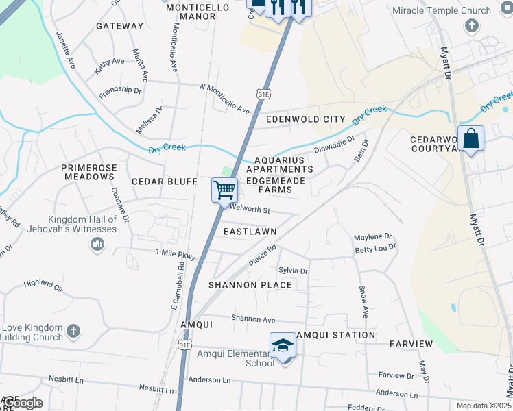 map of restaurants, bars, coffee shops, grocery stores, and more near 128 Welworth Street in Nashville