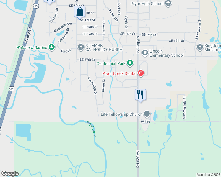 map of restaurants, bars, coffee shops, grocery stores, and more near 1825 Surrey Drive in Pryor