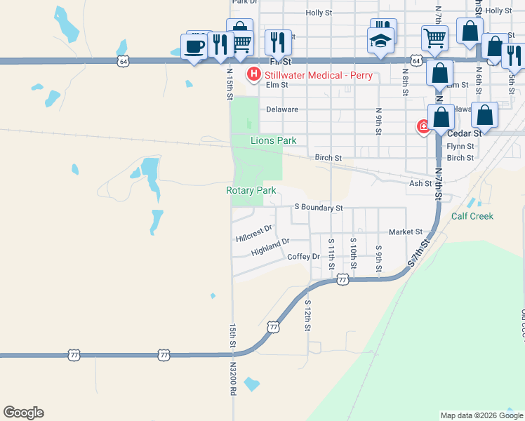map of restaurants, bars, coffee shops, grocery stores, and more near 1310 South Boundary Street in Perry