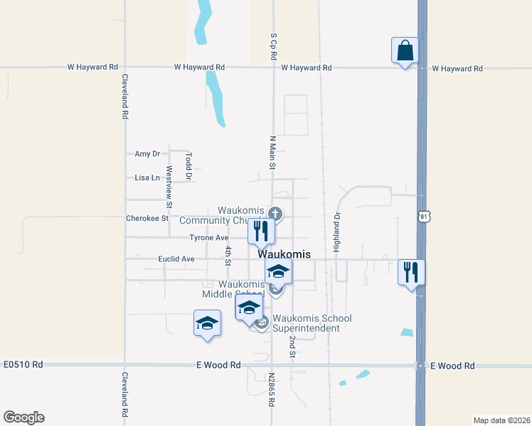map of restaurants, bars, coffee shops, grocery stores, and more near 220 North Main Street in Waukomis