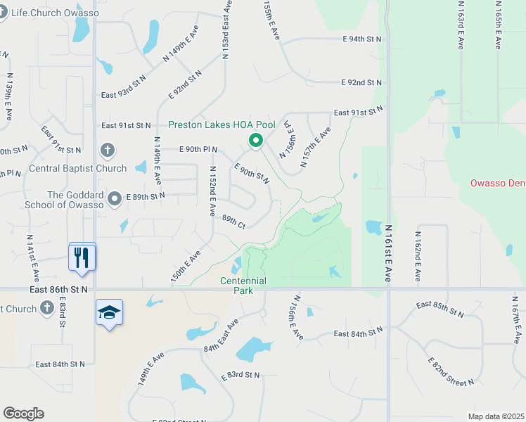 map of restaurants, bars, coffee shops, grocery stores, and more near 8916 North 155th East Avenue in Owasso