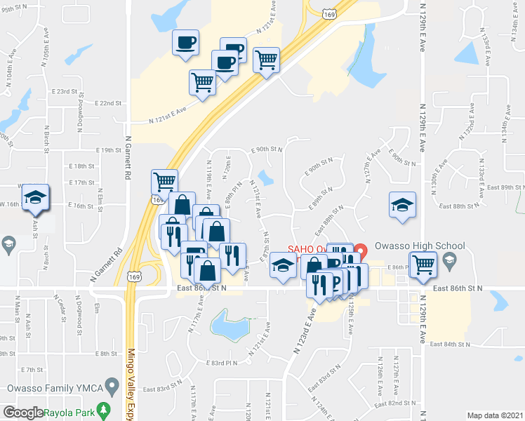 map of restaurants, bars, coffee shops, grocery stores, and more near 8805 North 121st East Avenue in Owasso