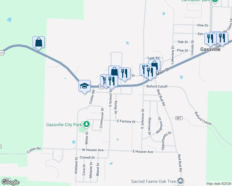 map of restaurants, bars, coffee shops, grocery stores, and more near 137 East Sanford Street in Gassville