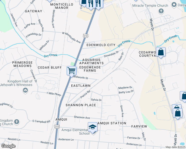map of restaurants, bars, coffee shops, grocery stores, and more near 226 Edgemeade Drive in Nashville