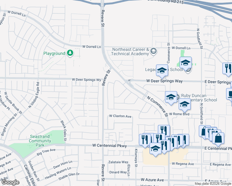 map of restaurants, bars, coffee shops, grocery stores, and more near 6653 Maple Mesa Street in North Las Vegas