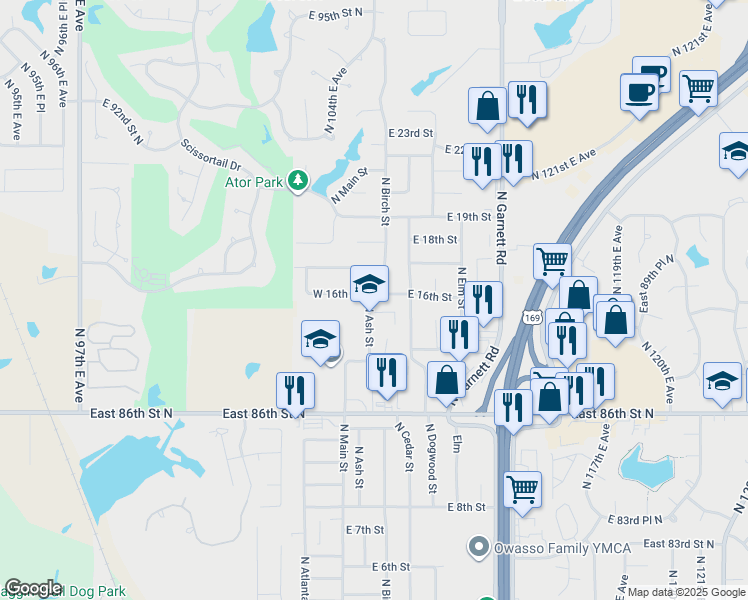 map of restaurants, bars, coffee shops, grocery stores, and more near 102 East 16th Street in Owasso