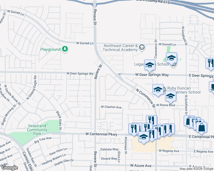 map of restaurants, bars, coffee shops, grocery stores, and more near 6653 Maple Mesa Street in North Las Vegas