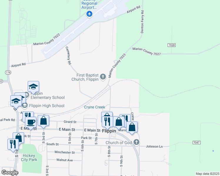 map of restaurants, bars, coffee shops, grocery stores, and more near 501 North 8th Street in Flippin