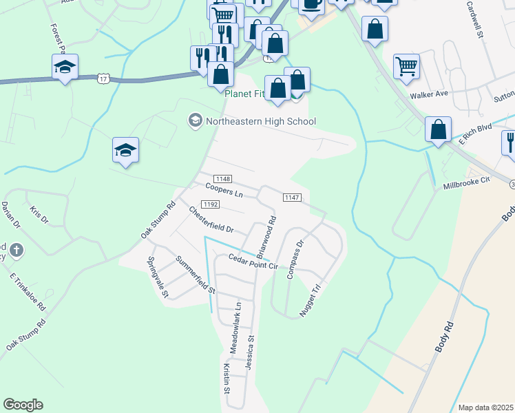 map of restaurants, bars, coffee shops, grocery stores, and more near 703 Briarwood Road in Elizabeth City