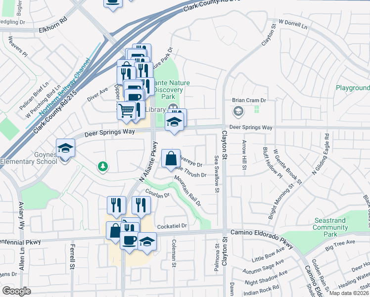 map of restaurants, bars, coffee shops, grocery stores, and more near 2313 Scissortail Court in North Las Vegas