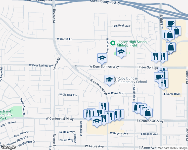 map of restaurants, bars, coffee shops, grocery stores, and more near 6655 Montezuma Castle Lane in North Las Vegas