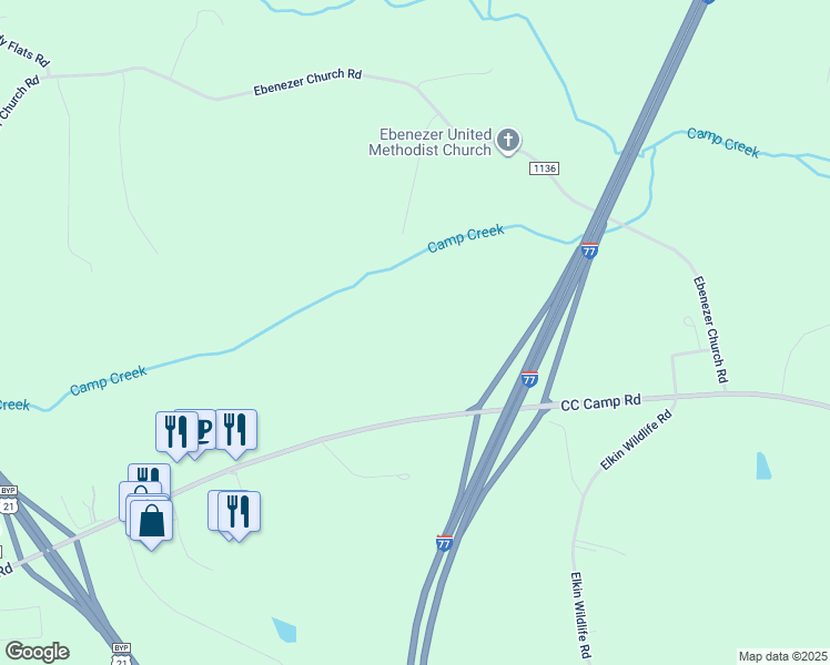 map of restaurants, bars, coffee shops, grocery stores, and more near CC Camp Road in Elkin