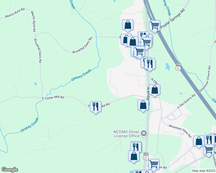 map of restaurants, bars, coffee shops, grocery stores, and more near 144 East Carter Mill Road in Elkin