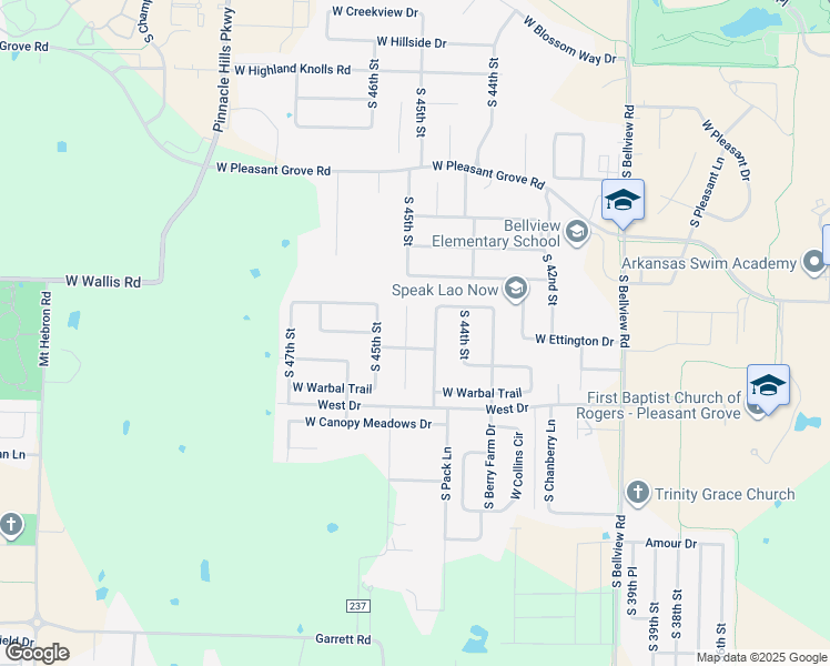 map of restaurants, bars, coffee shops, grocery stores, and more near 5500 South 45th Court in Rogers