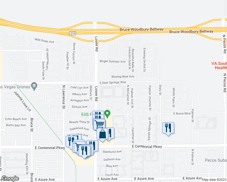 map of restaurants, bars, coffee shops, grocery stores, and more near 2604 East Timid Tiger Avenue in North Las Vegas