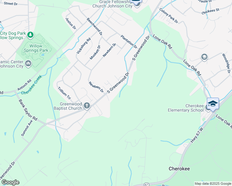 map of restaurants, bars, coffee shops, grocery stores, and more near 2917 South Greenwood Drive in Johnson City