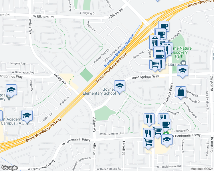 map of restaurants, bars, coffee shops, grocery stores, and more near 3416 President Pride Place in North Las Vegas