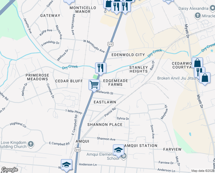 map of restaurants, bars, coffee shops, grocery stores, and more near 128 Welworth Street in Nashville