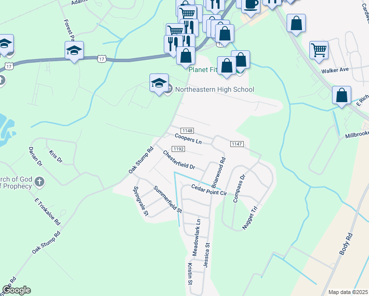 map of restaurants, bars, coffee shops, grocery stores, and more near 109 Burlington Drive in Elizabeth City