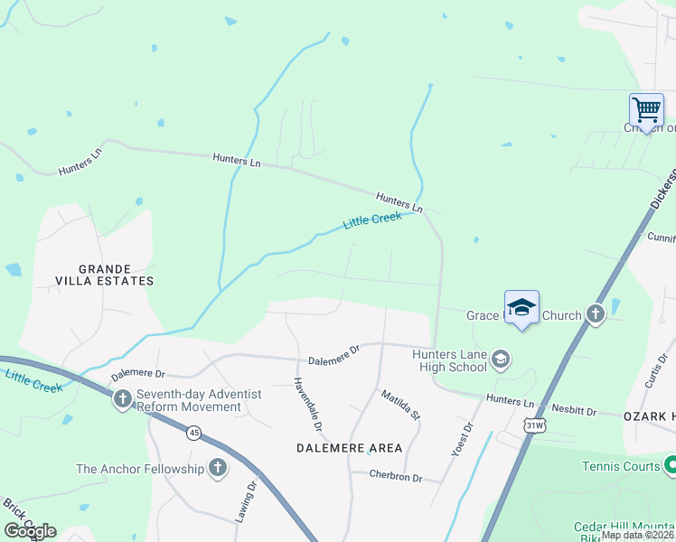 map of restaurants, bars, coffee shops, grocery stores, and more near 1269 Hunters Lane in Nashville