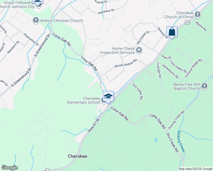 map of restaurants, bars, coffee shops, grocery stores, and more near 1917 Clearwood Drive in Johnson City
