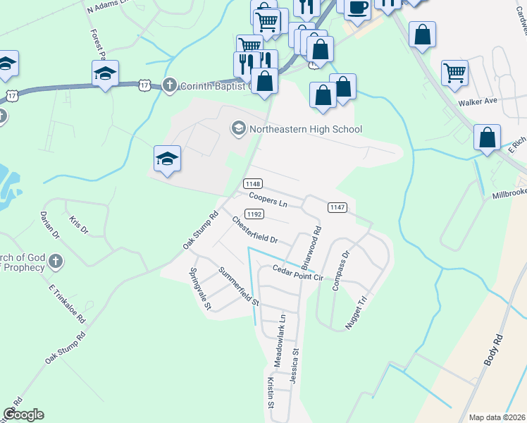 map of restaurants, bars, coffee shops, grocery stores, and more near 103 Coopers Lane in Elizabeth City