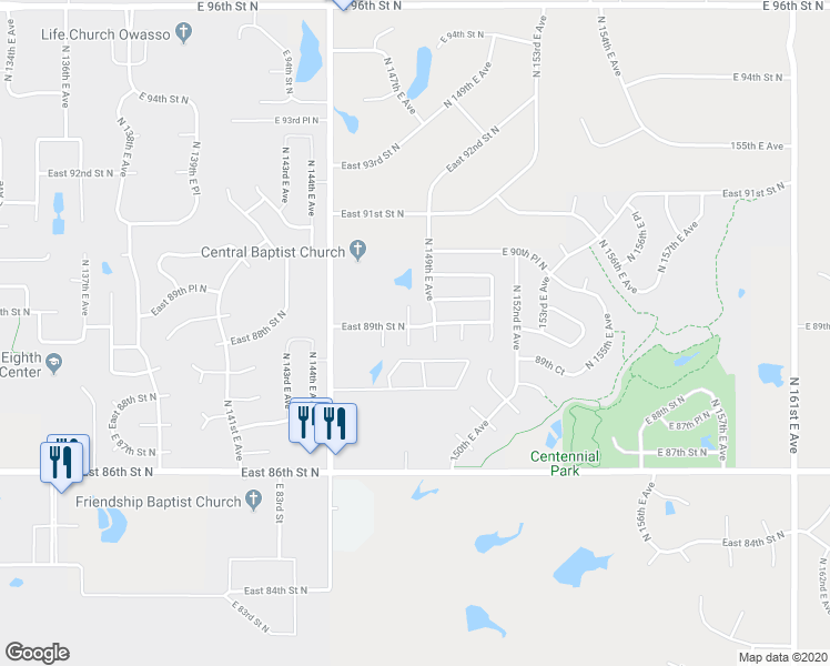 map of restaurants, bars, coffee shops, grocery stores, and more near 8909 North 148th East Avenue in Owasso