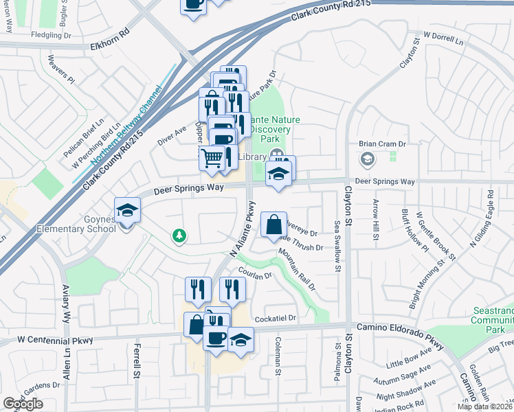map of restaurants, bars, coffee shops, grocery stores, and more near 6733 Song Sparrow Court in North Las Vegas