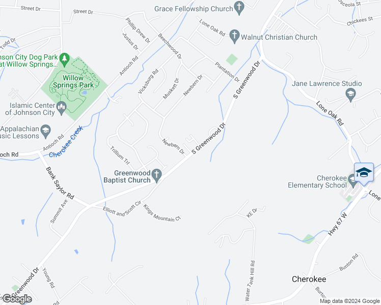 map of restaurants, bars, coffee shops, grocery stores, and more near 2918 South Greenwood Drive in Johnson City