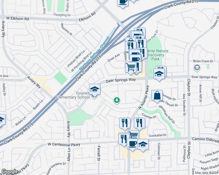 map of restaurants, bars, coffee shops, grocery stores, and more near 3020 Tanagrine Drive in North Las Vegas