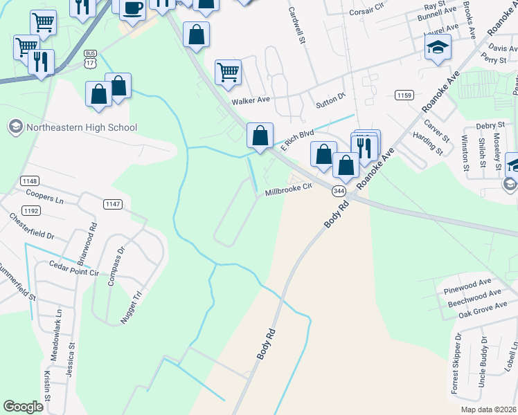 map of restaurants, bars, coffee shops, grocery stores, and more near 103 Mac Drive in Elizabeth City
