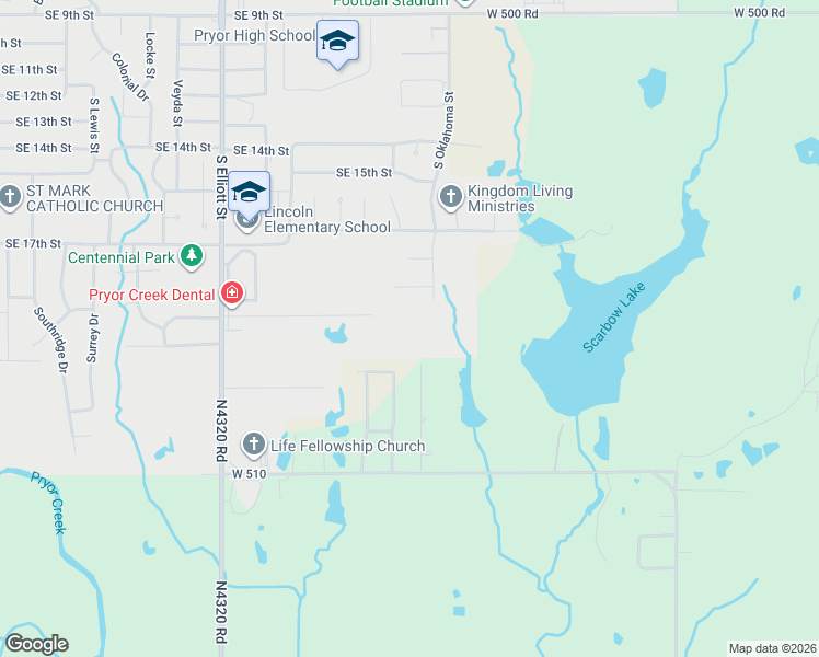 map of restaurants, bars, coffee shops, grocery stores, and more near 1208 Southeast 19th Street in Pryor