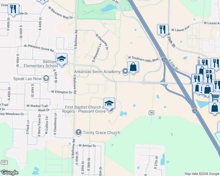 map of restaurants, bars, coffee shops, grocery stores, and more near 3450 West Pleasant Grove Road in Rogers