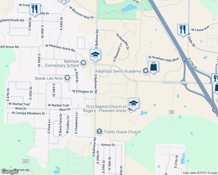 map of restaurants, bars, coffee shops, grocery stores, and more near 3708 South 38th Street in Rogers