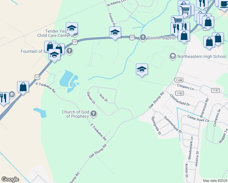 map of restaurants, bars, coffee shops, grocery stores, and more near 1700 Darian Drive in Elizabeth City