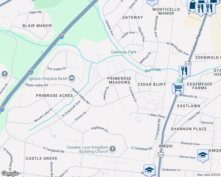 map of restaurants, bars, coffee shops, grocery stores, and more near 216 Slayton Drive in Nashville