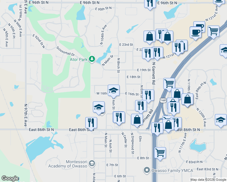 map of restaurants, bars, coffee shops, grocery stores, and more near 112 East 17th Street in Owasso